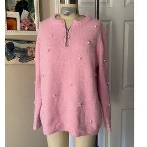 ASOS Pink Fuzzy Knit Pearl PEARLS Slouchy mock neck Zip Sweater *LARGE*